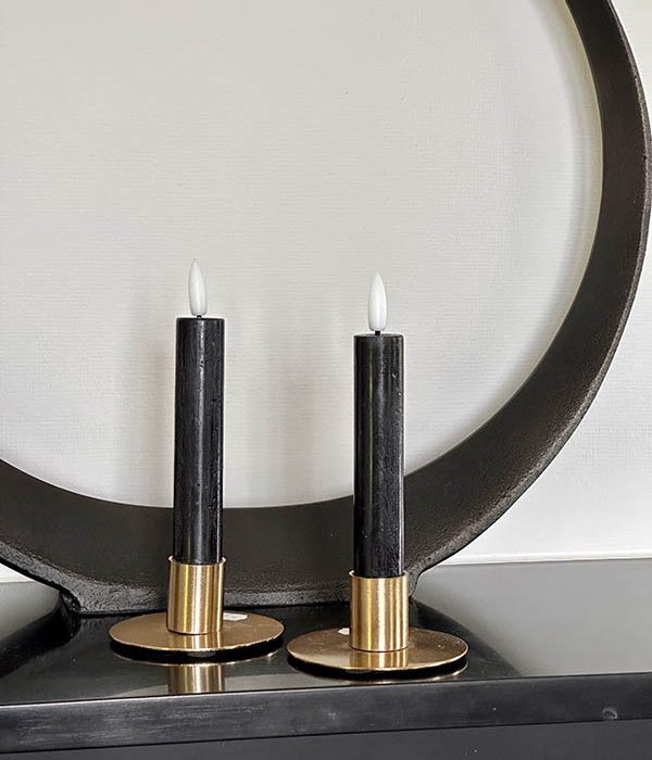 Countryfield LED dinerkaarsen Zwart set van 2, 15 cm, in gouden kandelaars voor metalen ring